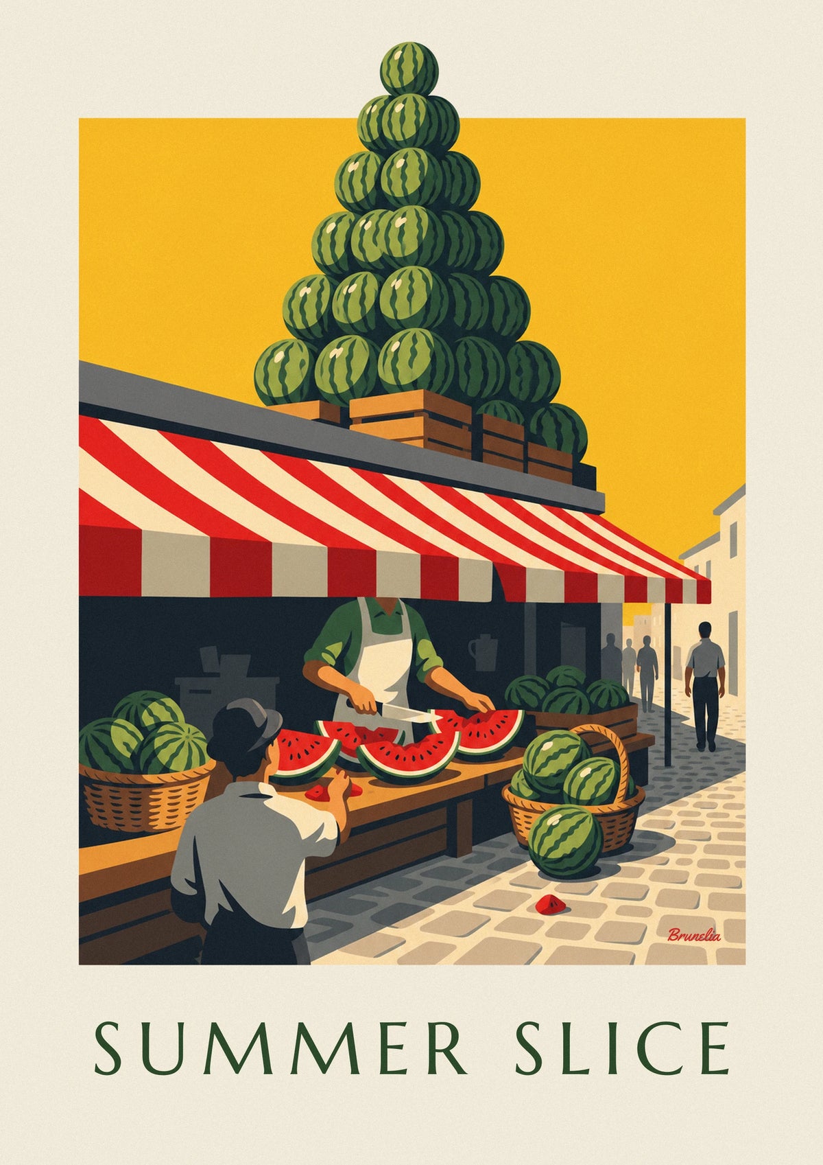 Affiche pastèque coupée en quartiers sur un étal de marché