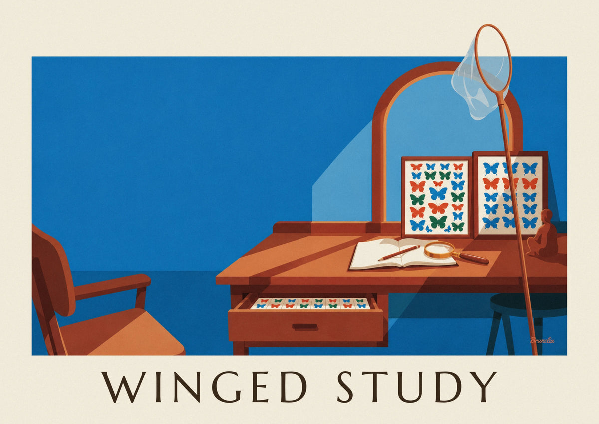 Affiche planche naturaliste de papillons dans un cabinet d'étude