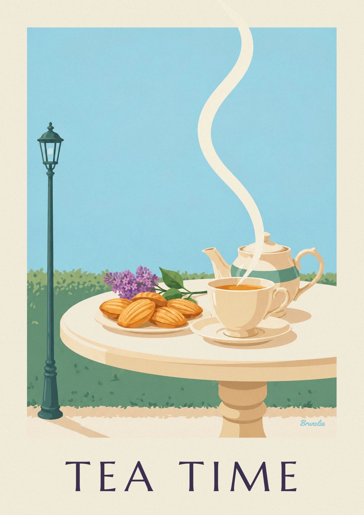 Affiche madeleines et tasse de thé sur une table de jardin