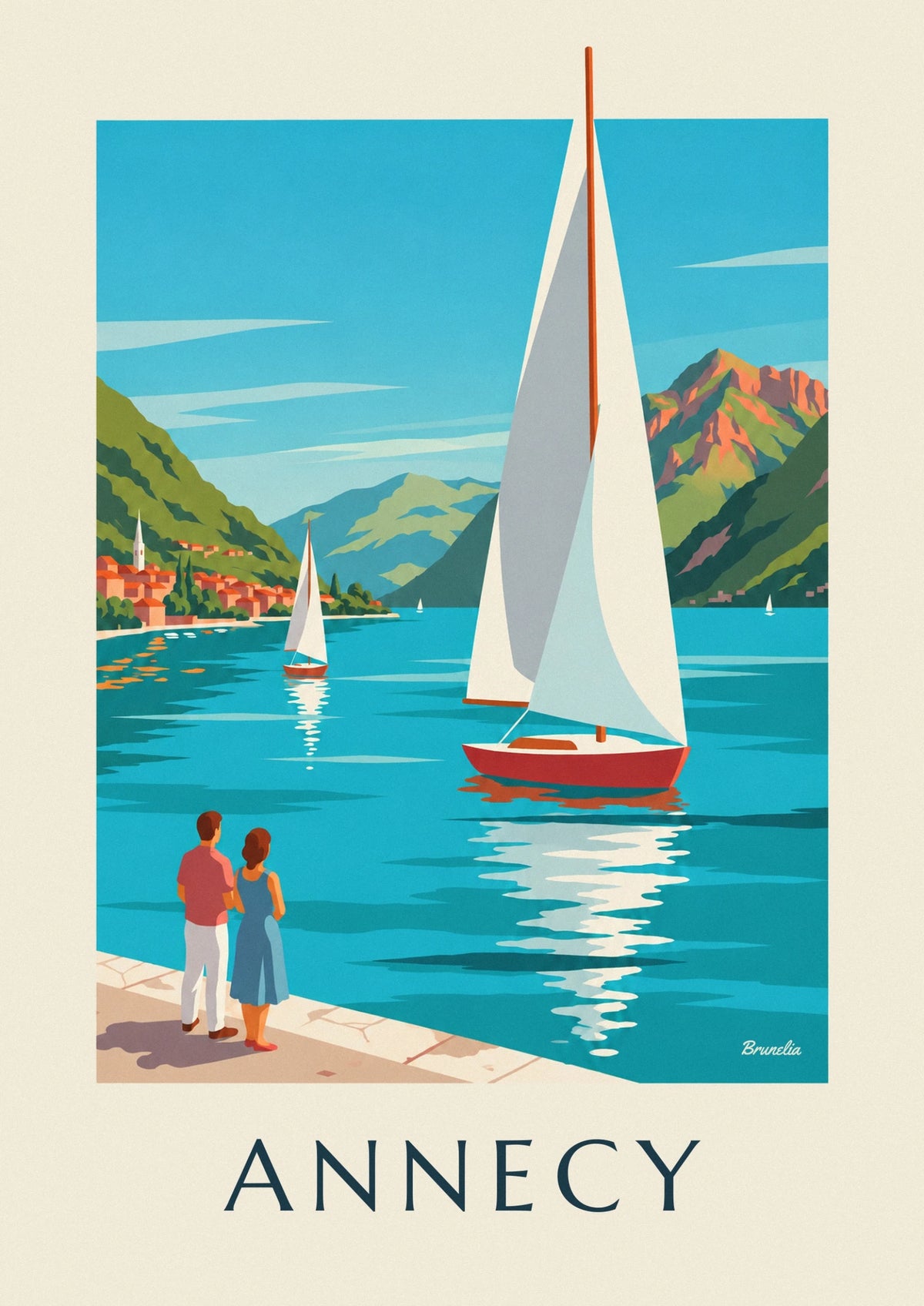 Affiche lac d'Annecy et ses voiliers au pied de la Tournette