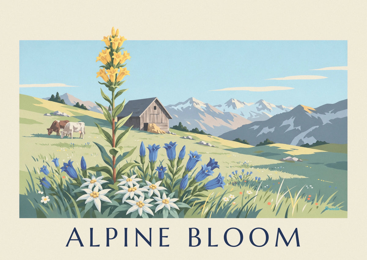 Affiche edelweiss et gentianes dans un alpage au pied des montagnes