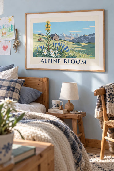 Affiche edelweiss et gentianes dans un alpage au pied des montagnes : encadrée au mur