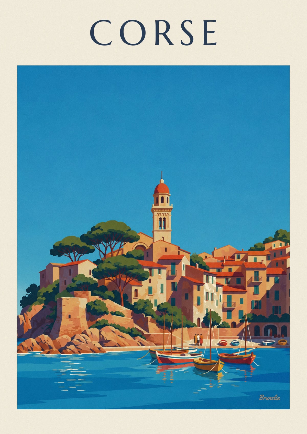 Affiche village côtier corse et son petit port sur la Méditerranée