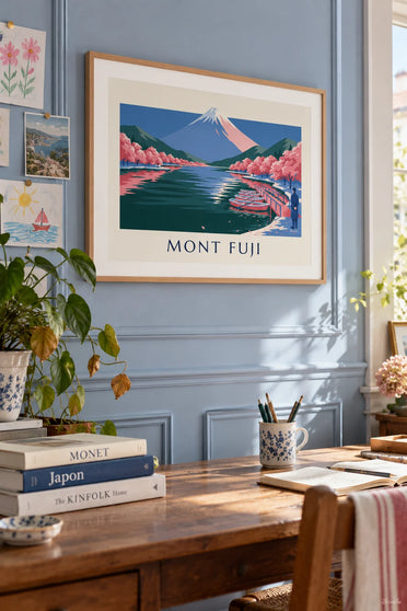 Affiche mont Fuji, cerisiers en fleurs et barques au ponton : encadrée au mur