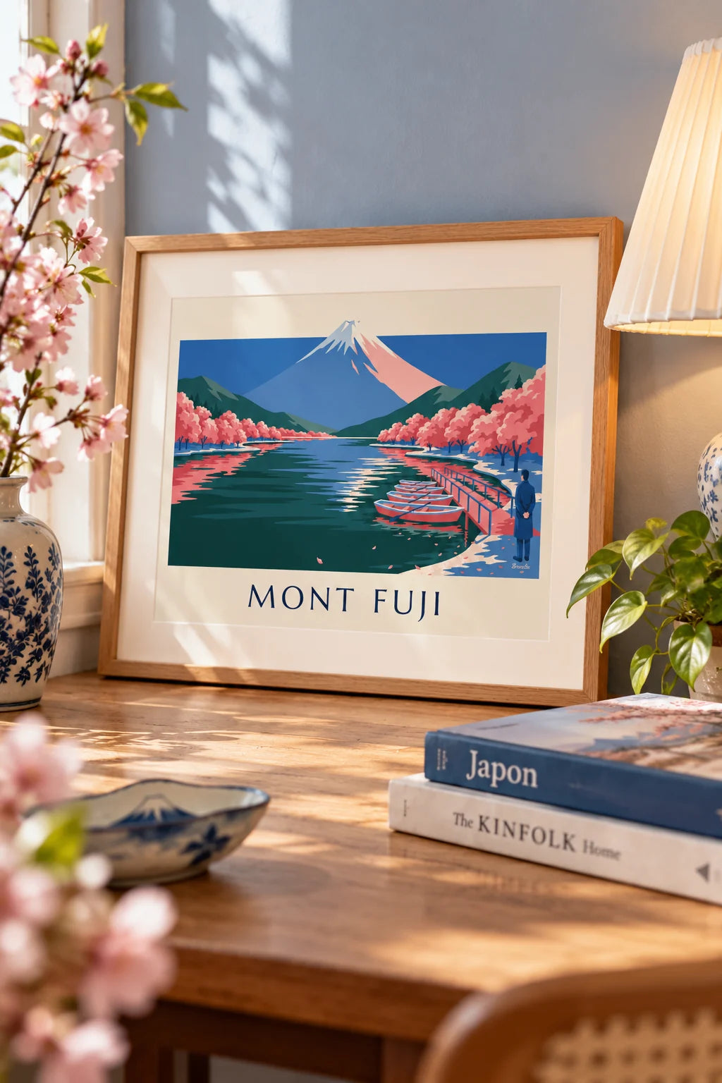 Quarto: Cartaz do Monte Fuji, cerejeiras em flor e barcos no pontão na parede