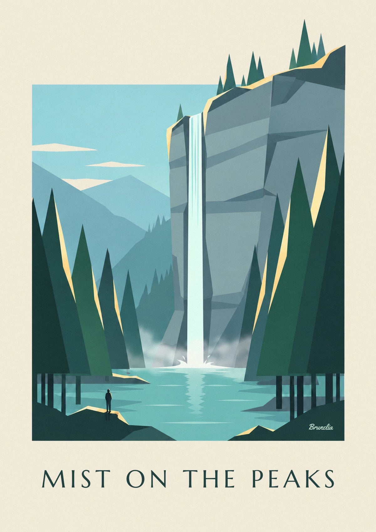 Affiche cascade dans une forêt de montagne brumeuse