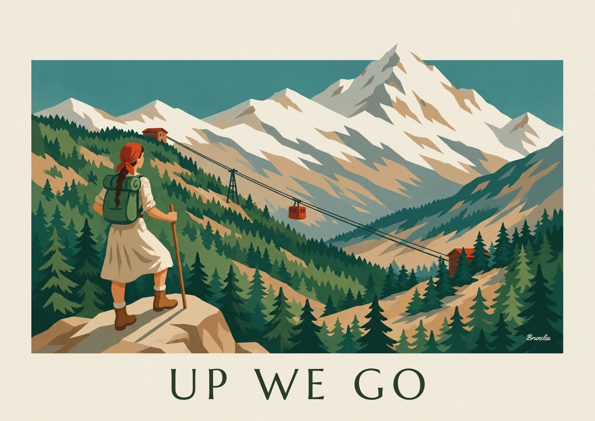 Affiche randonneuse face à un téléphérique et une montagne enneigée