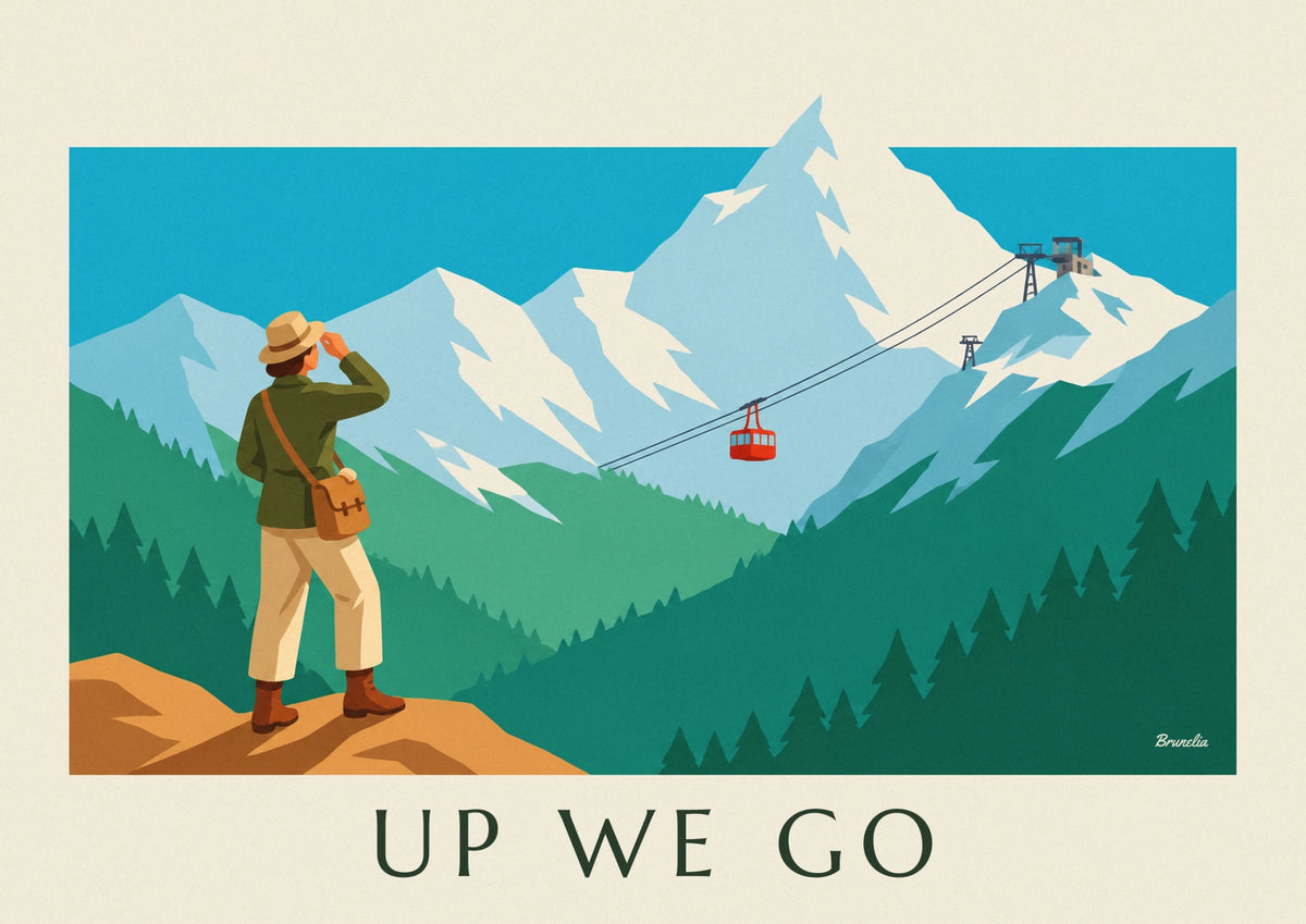 Affiche randonneuse face à un téléphérique et une montagne enneigée