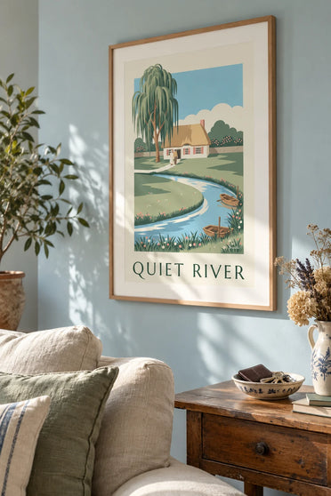 Affiche cottage et barque sur une rivière tranquille : encadrée au mur