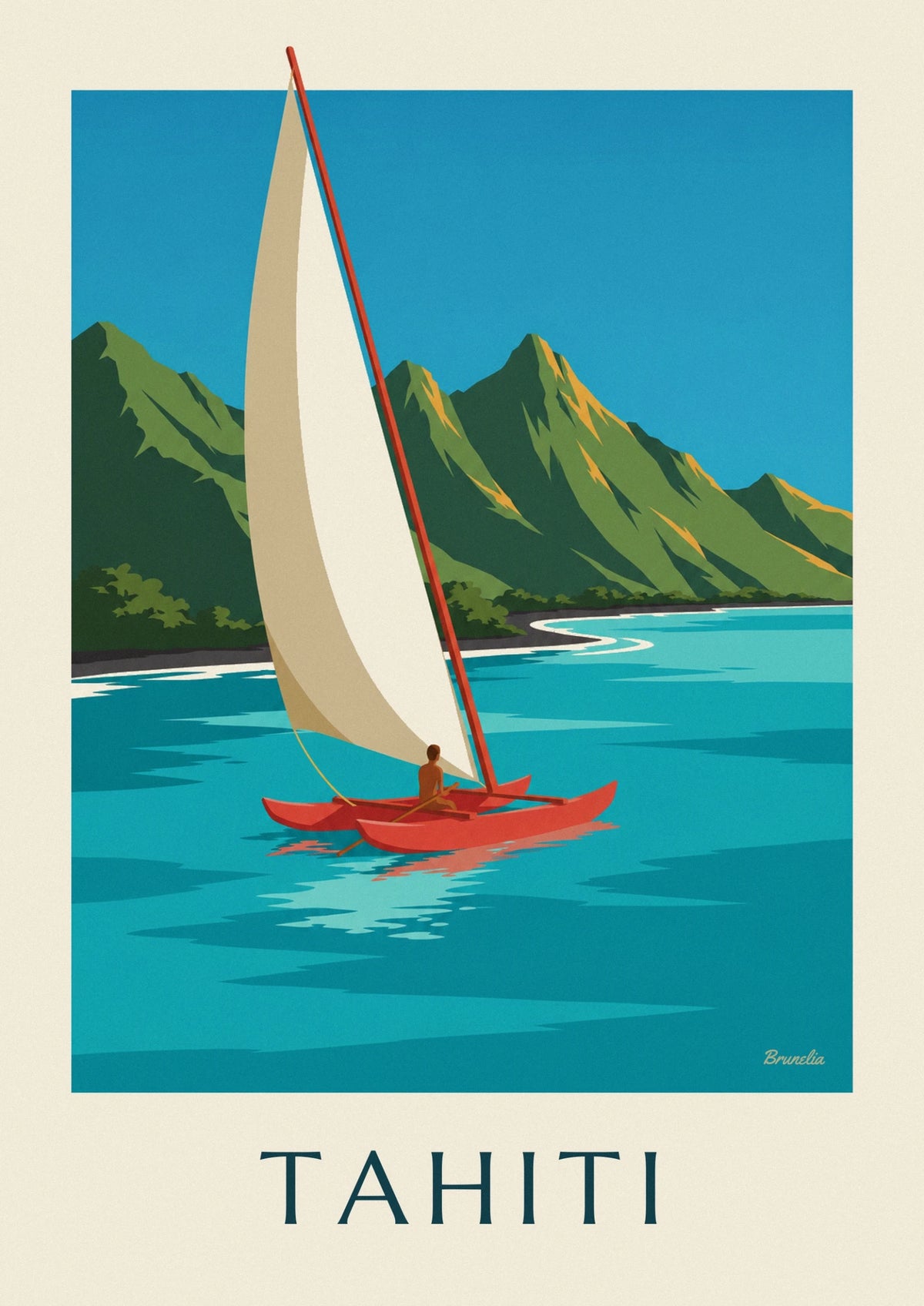 Affiche montagnes de Tahiti et pirogue à voile dans le lagon