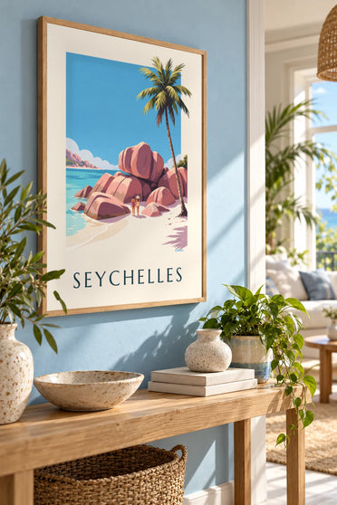 Affiche anse Source d’Argent à La Digue aux Seychelles : encadrée au mur