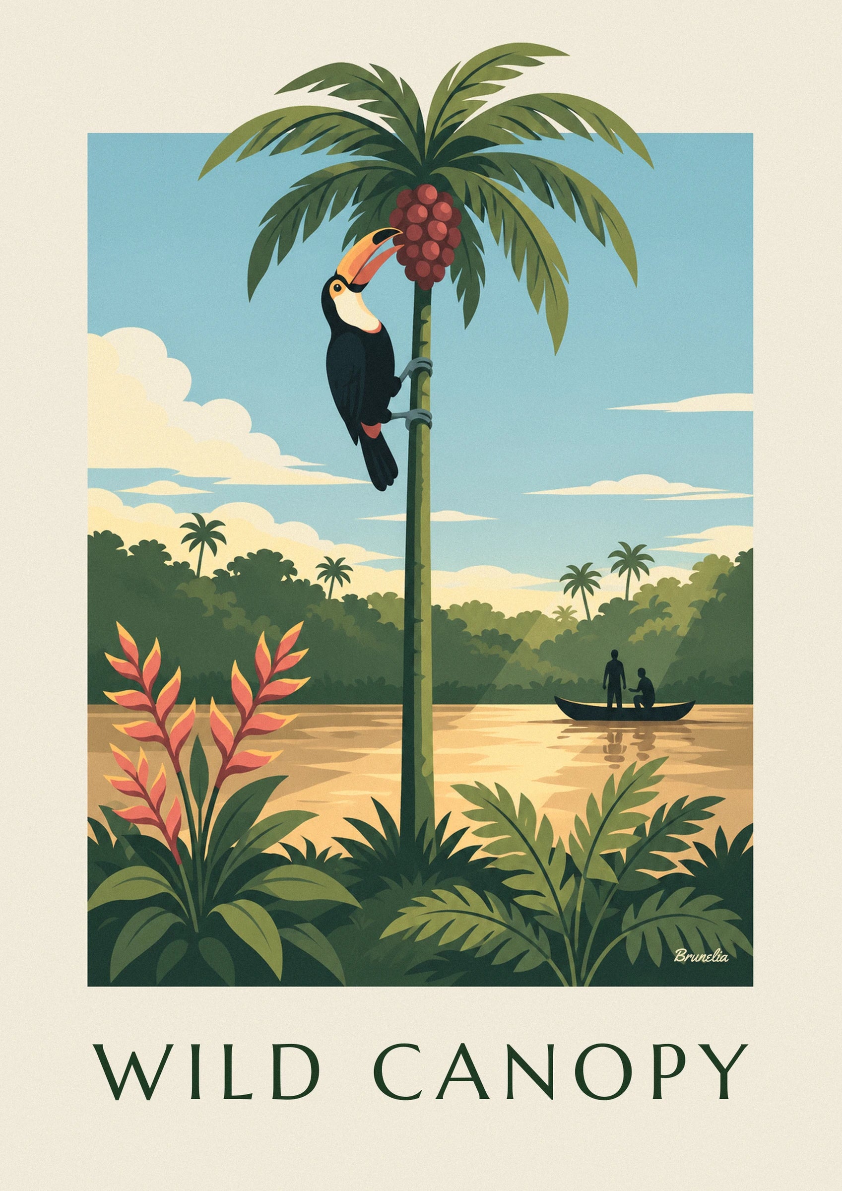 Le toucan au plumage noir et au bec orangé, agrippé au palmier près des fruits rouges