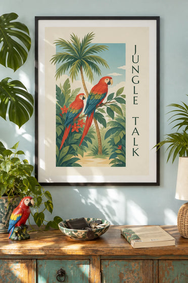 Affiche perroquets tropicaux sur une branche de la jungle : encadrée au mur