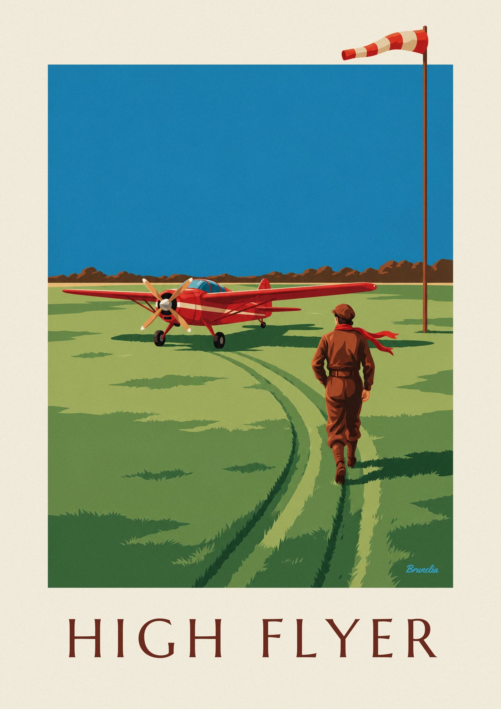Affiche aviatrice et avion à hélice rouge sur une piste en herbe : détail en gros plan