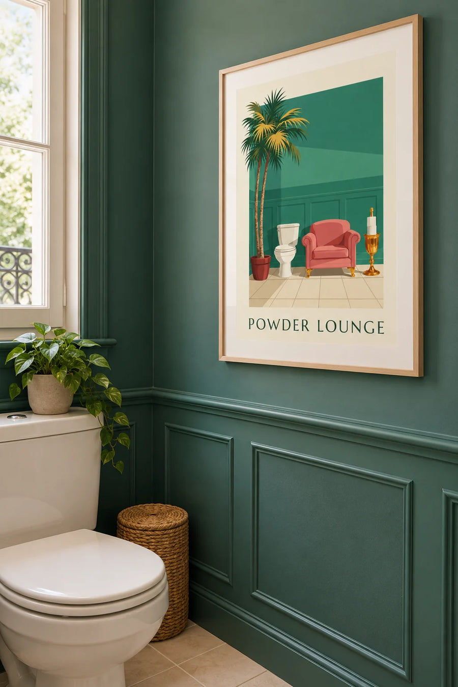 Affiche humoristique toilettes façon lounge et papier toilette : encadrée au mur