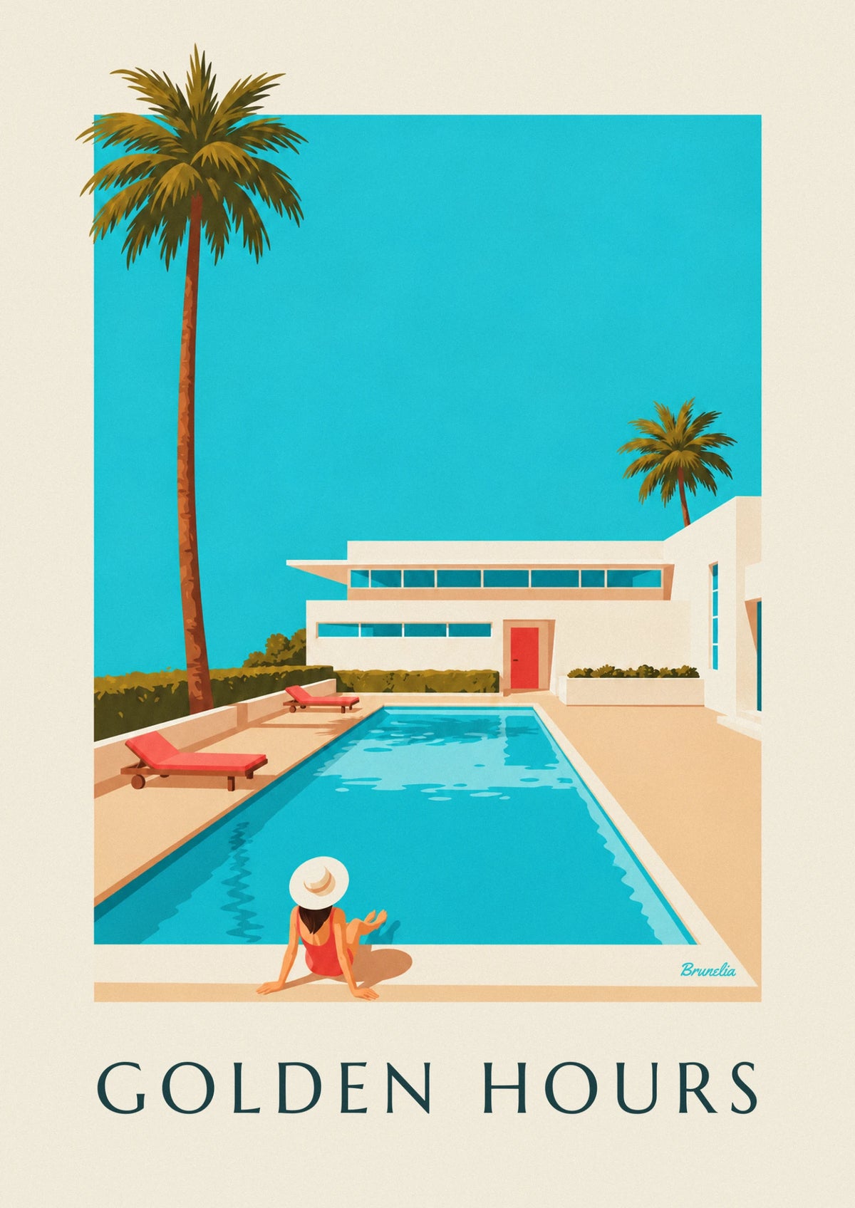 Affiche villa moderniste blanche avec piscine et palmiers
