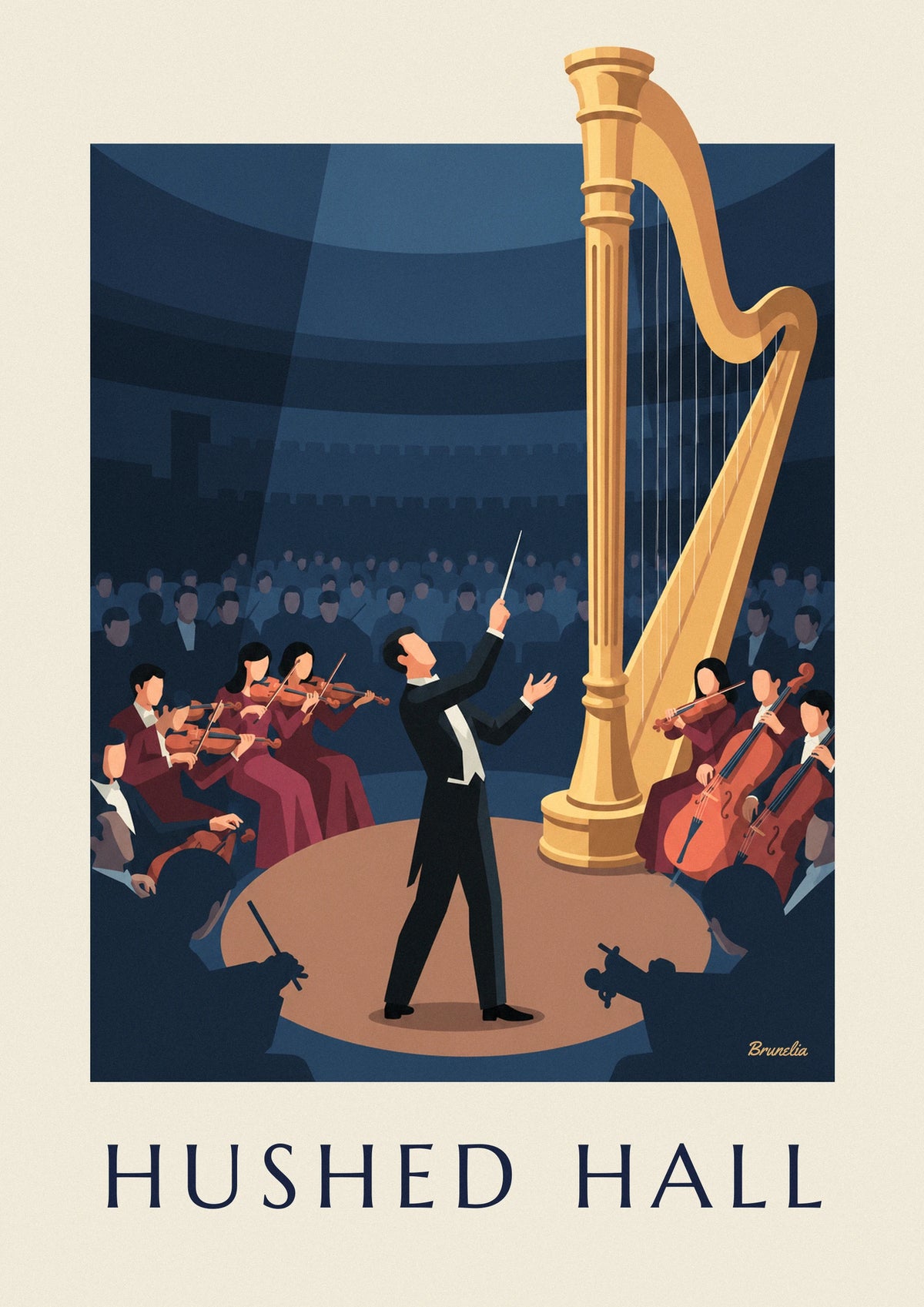 Affiche chef d'orchestre et grande harpe dorée en concert
