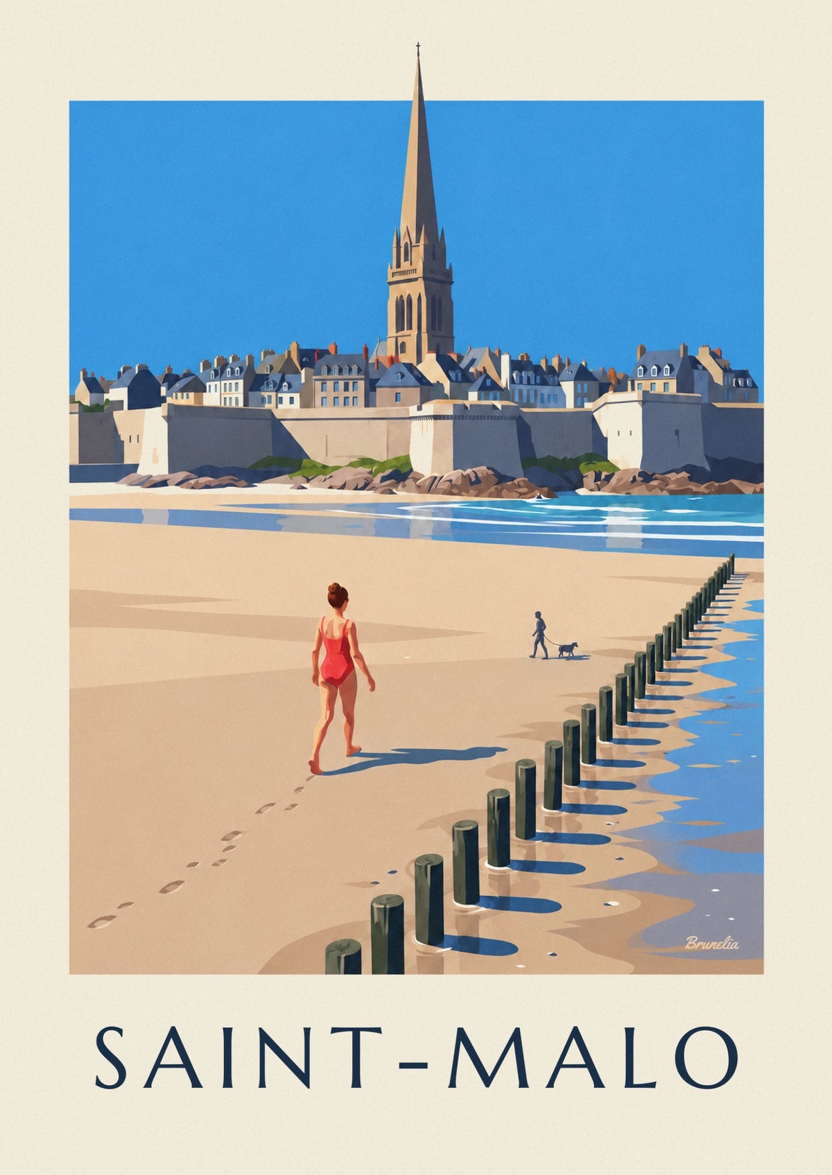 Affiche femme en maillot sur la plage du Sillon à Saint-Malo