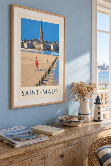Affiche femme en maillot sur la plage du Sillon à Saint-Malo : encadrée au mur