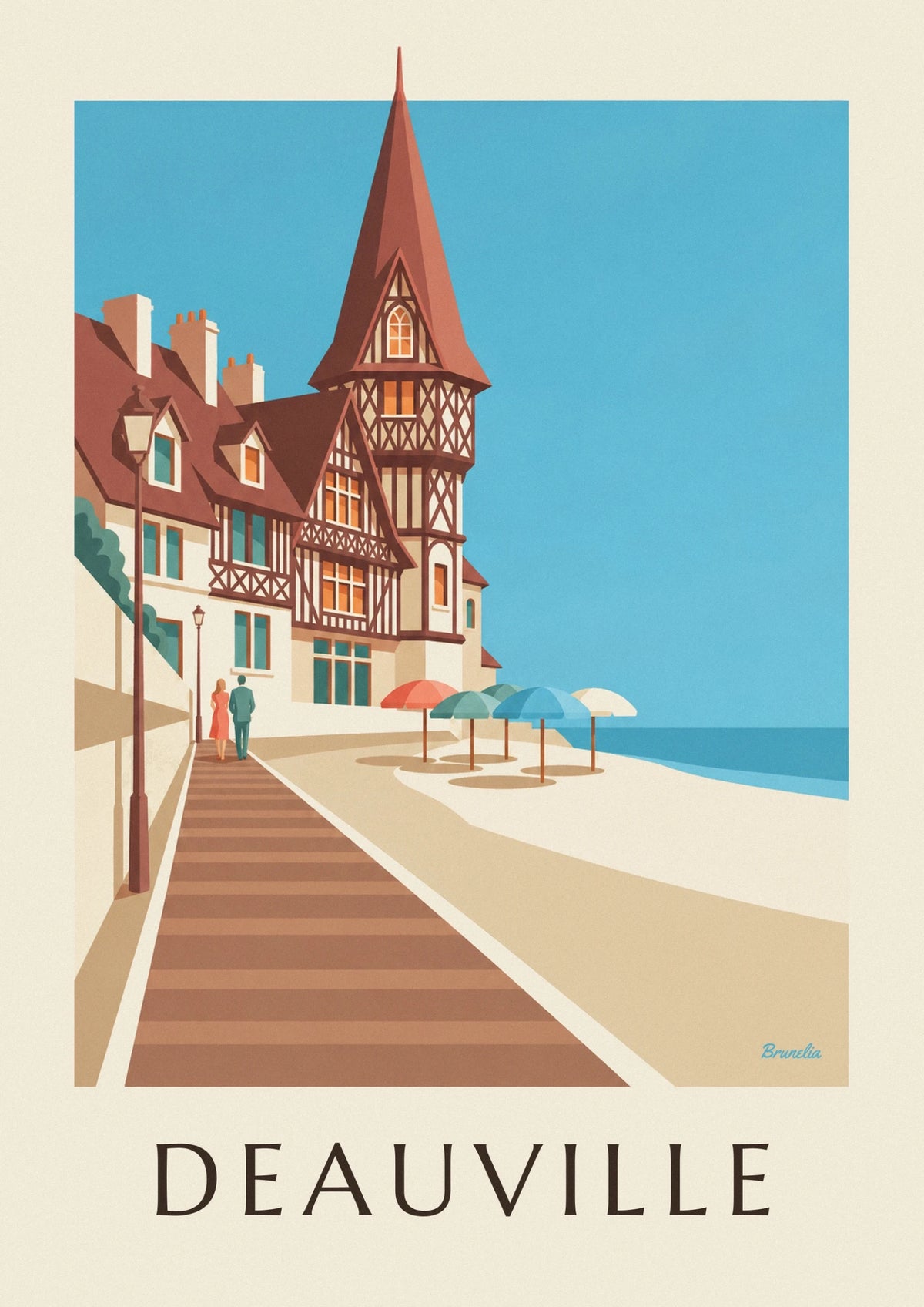 Affiche villas à colombages et parasols de la plage de Deauville