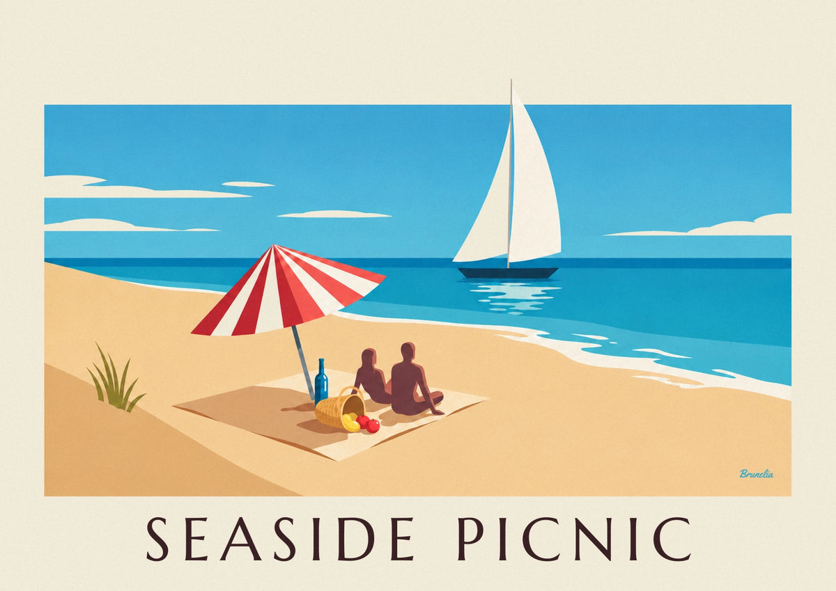 Affiche pique-nique en bord de mer sous un parasol rayé