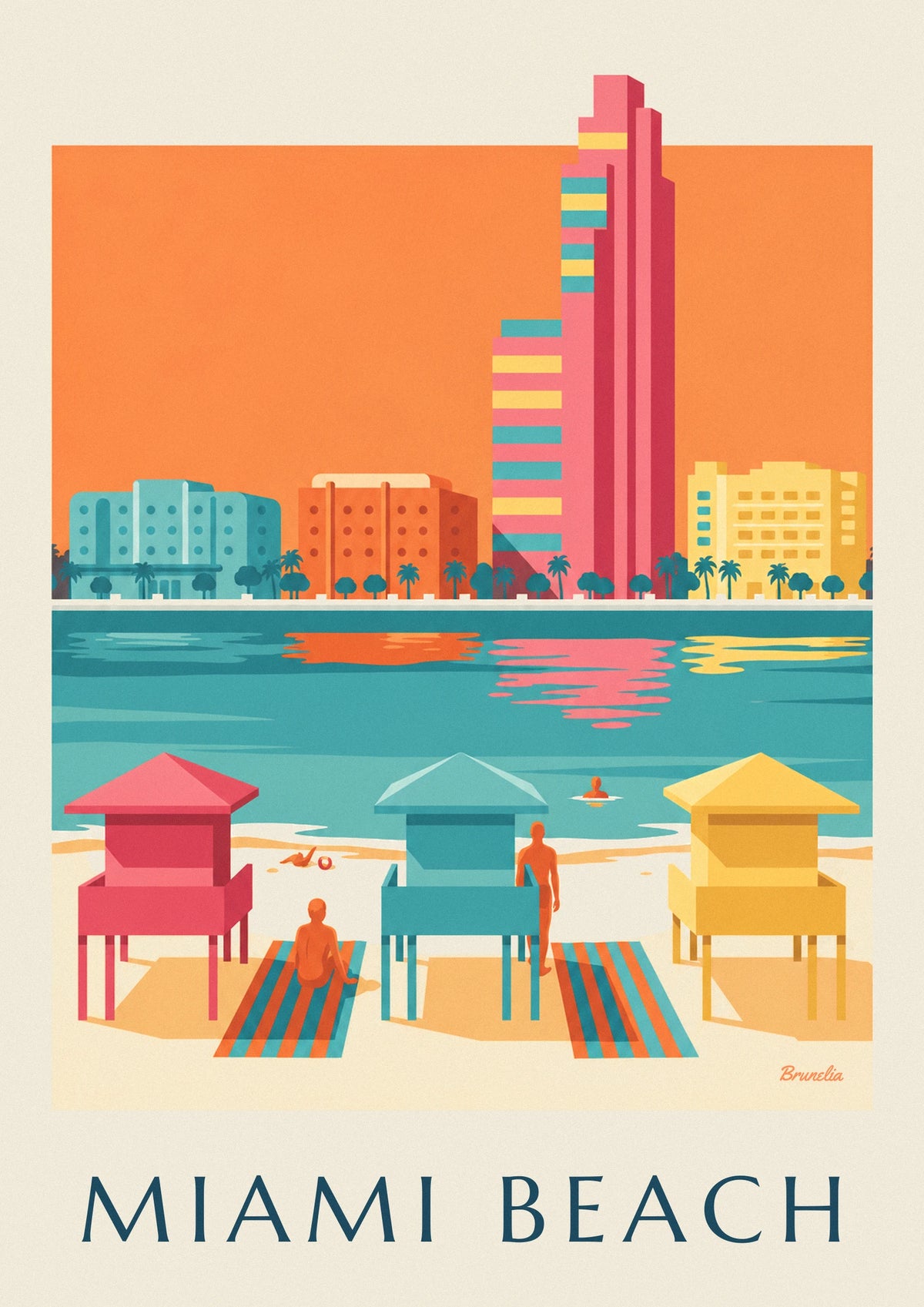 Affiche postes de sauveteurs colorés sur la plage de Miami Beach