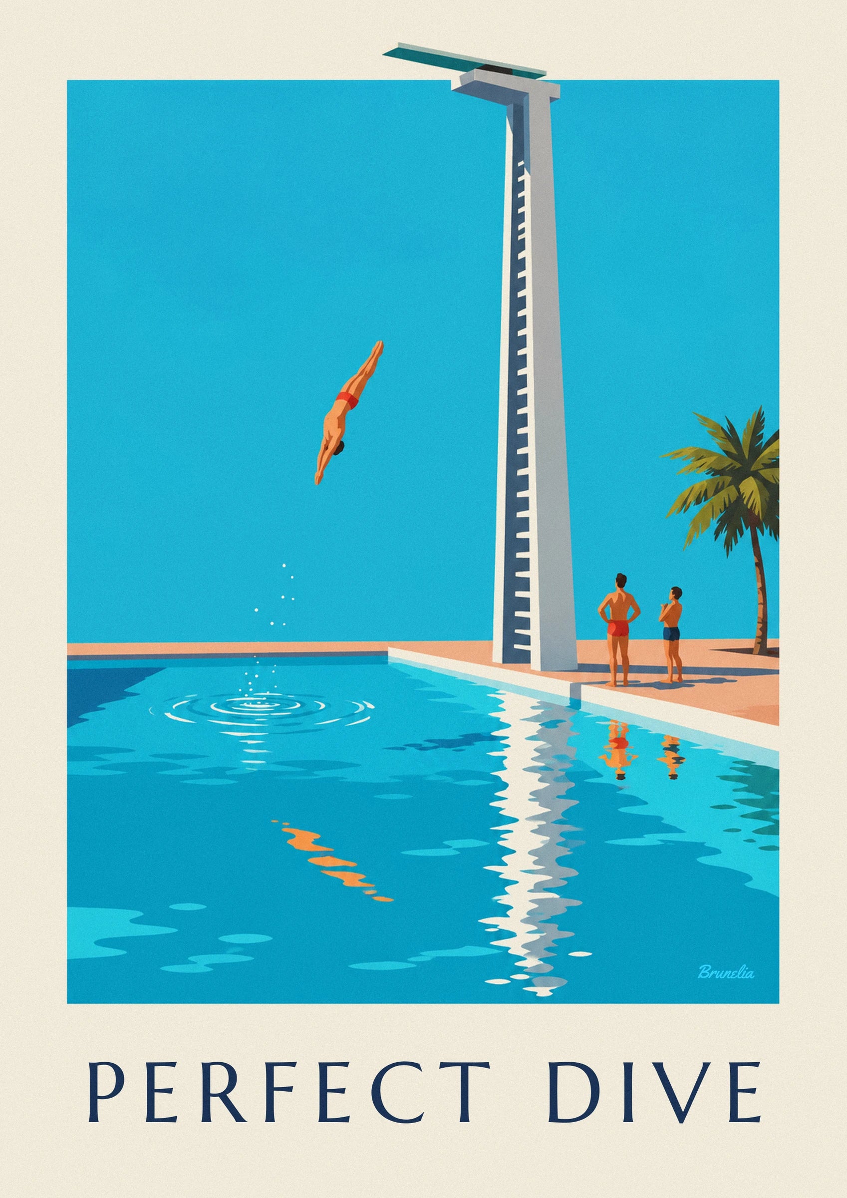 Affiche plongeur en plein plongeon au-dessus d’une piscine : détail en gros plan