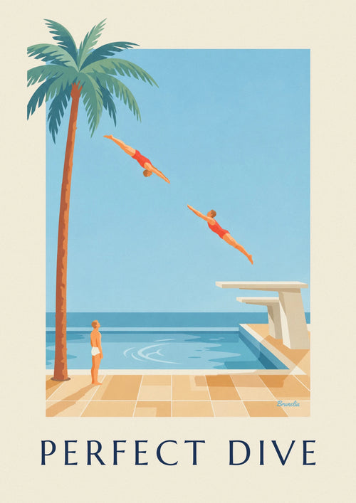 Affiche plongeur en plein plongeon au-dessus d’une piscine : l'affiche entière