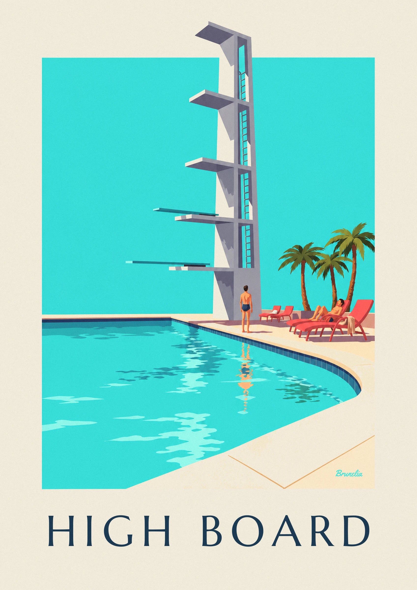Affiche plongeoir de piscine en plein air sous le soleil : détail en gros plan