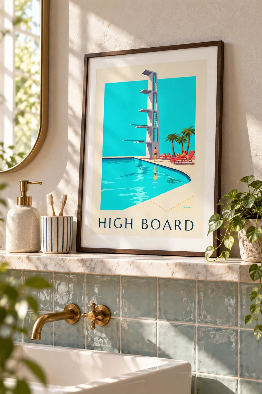 Affiche plongeoir de piscine en plein air sous le soleil : petit format A4 encadré