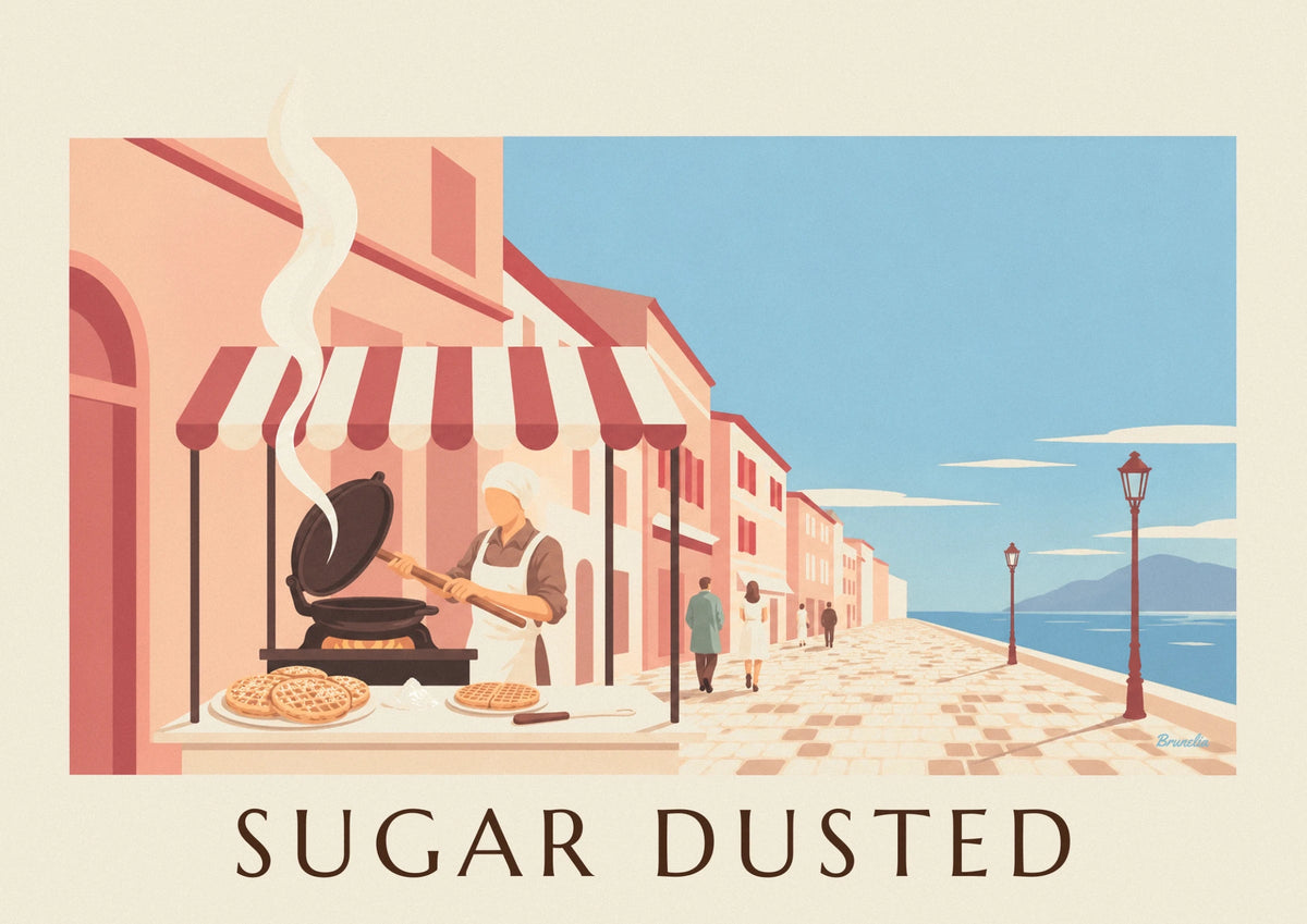 Affiche gaufres au sucre glace sur un stand de marché