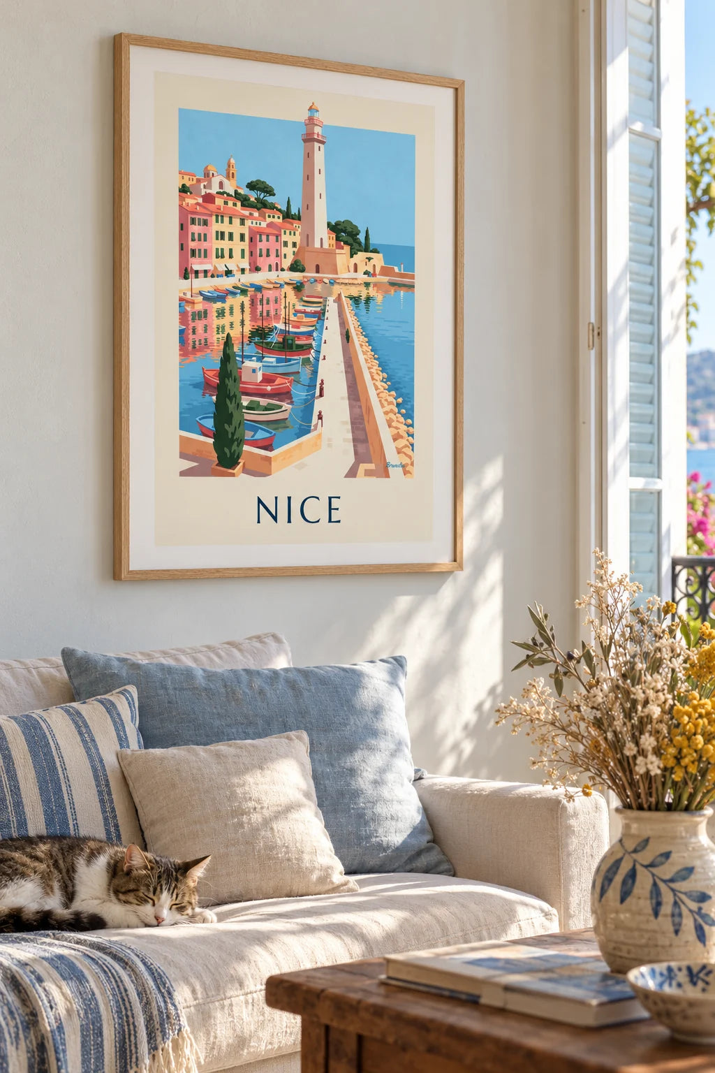 Plansch med Port Lympia i Nice och dess båtar på väggen