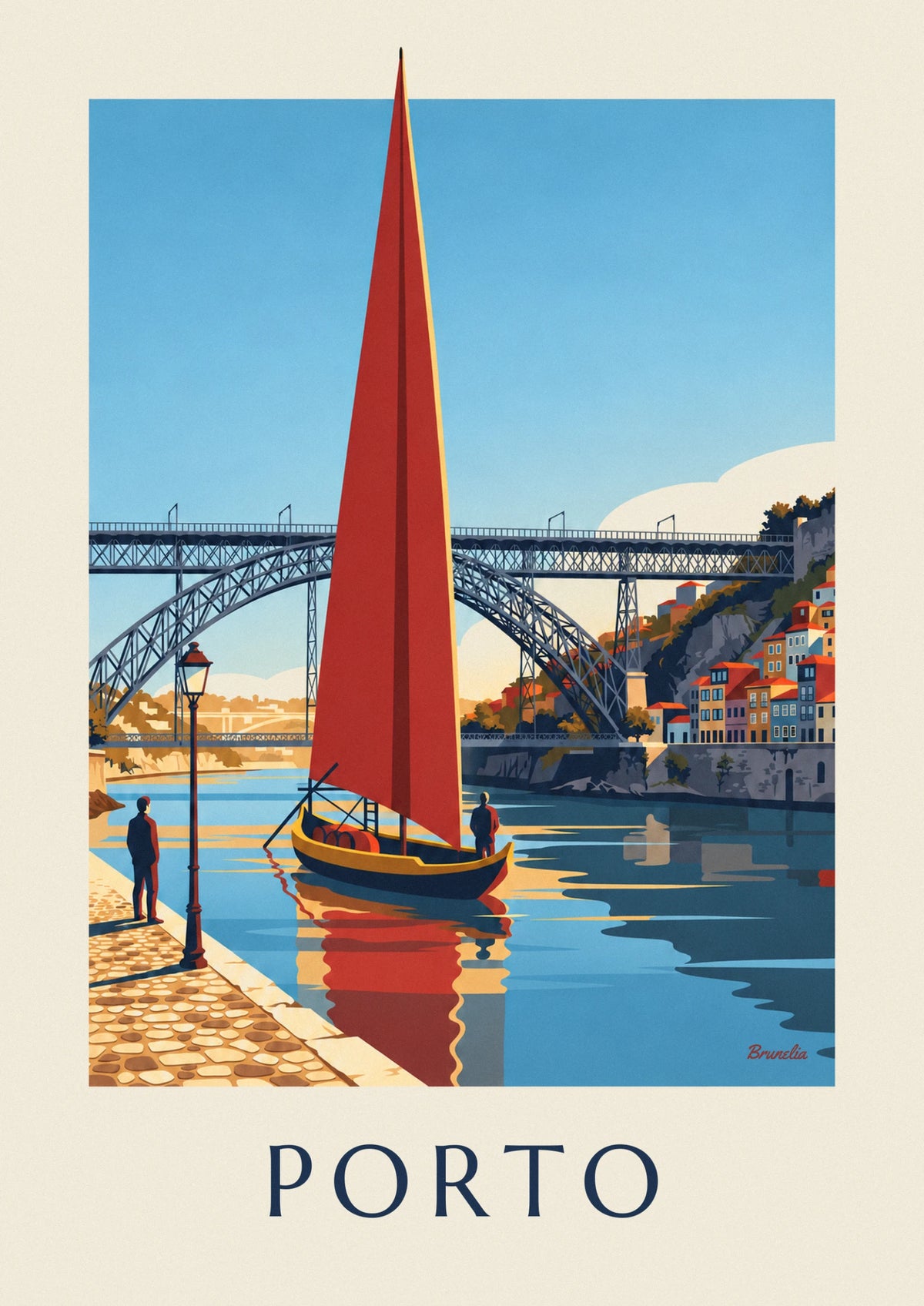 Affiche pont Dom Luís et bateau rabelo sur le Douro à Porto