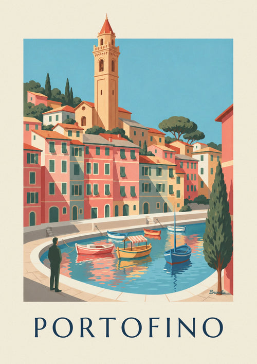 Affiche bateaux colorés dans le port de Portofino : l'affiche entière