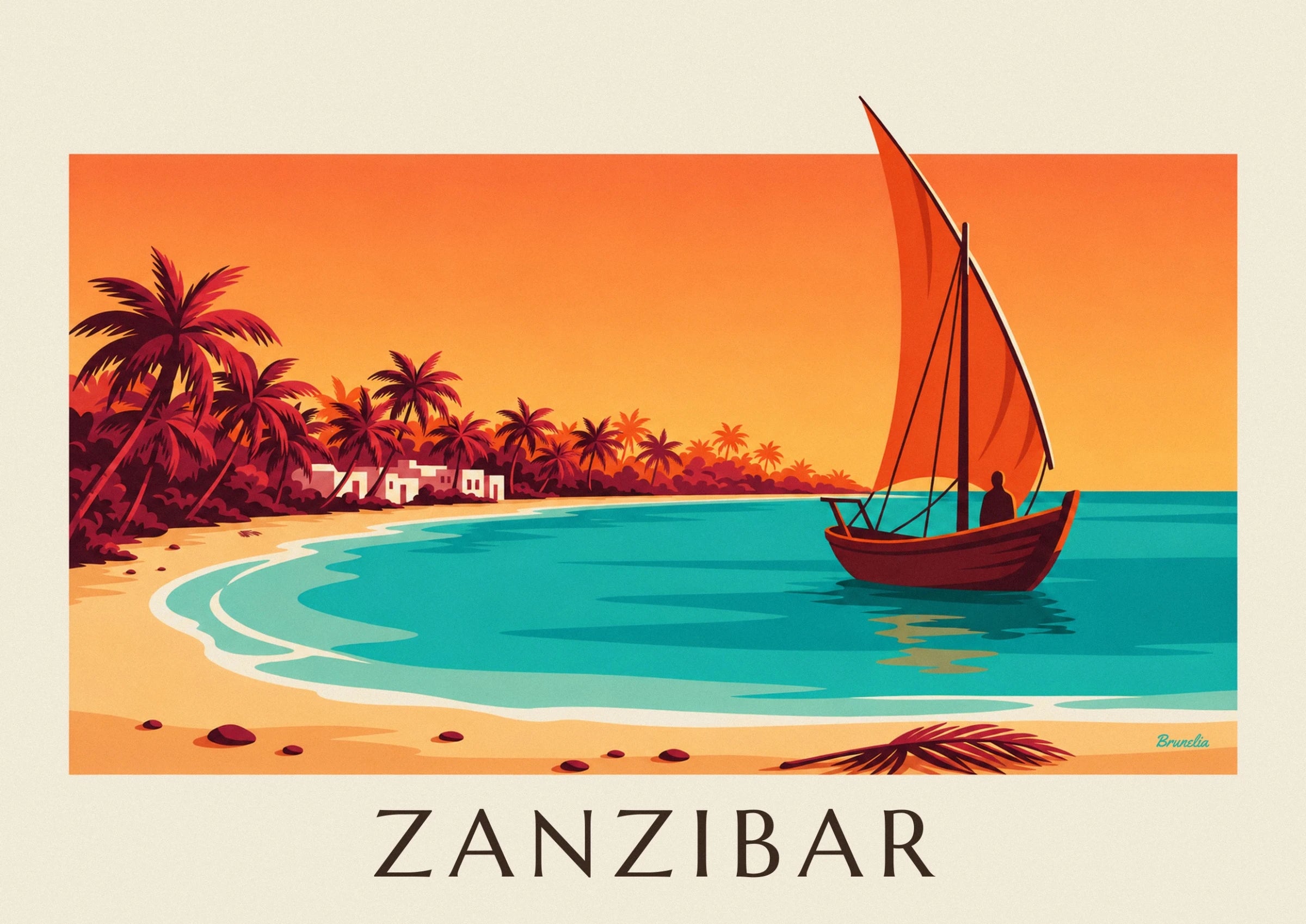 The dhow with its orange sail and silhouetted sailor on the turquoise water