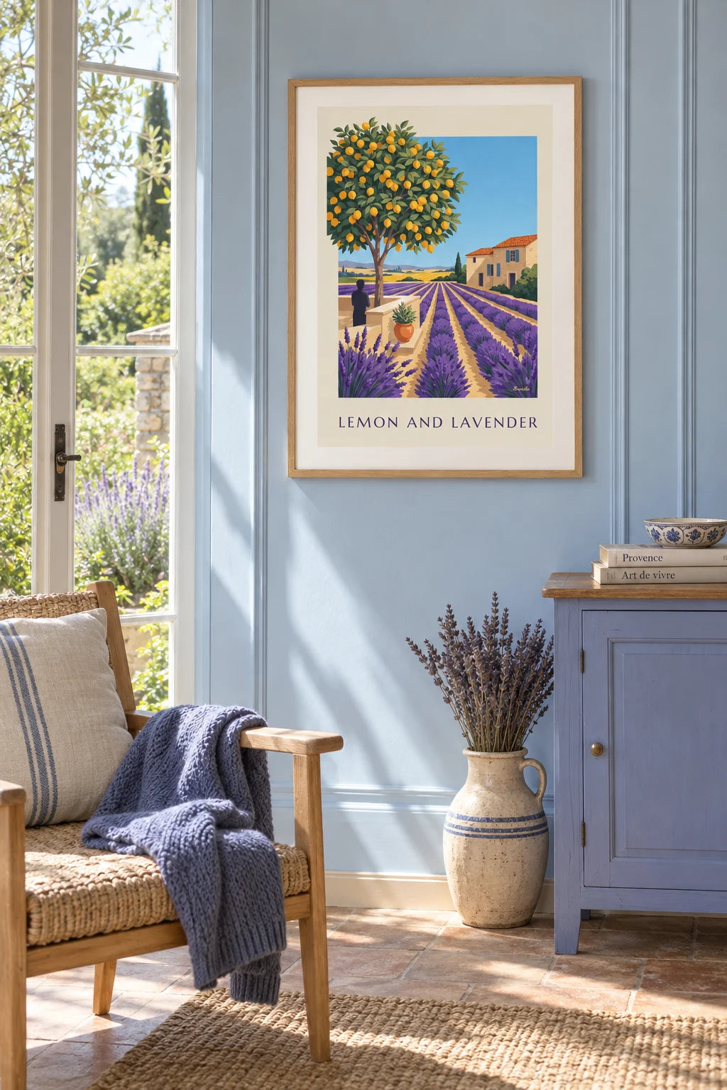 Cartaz de lavanda, limoeiro e casa provençal com portadas azuis na parede