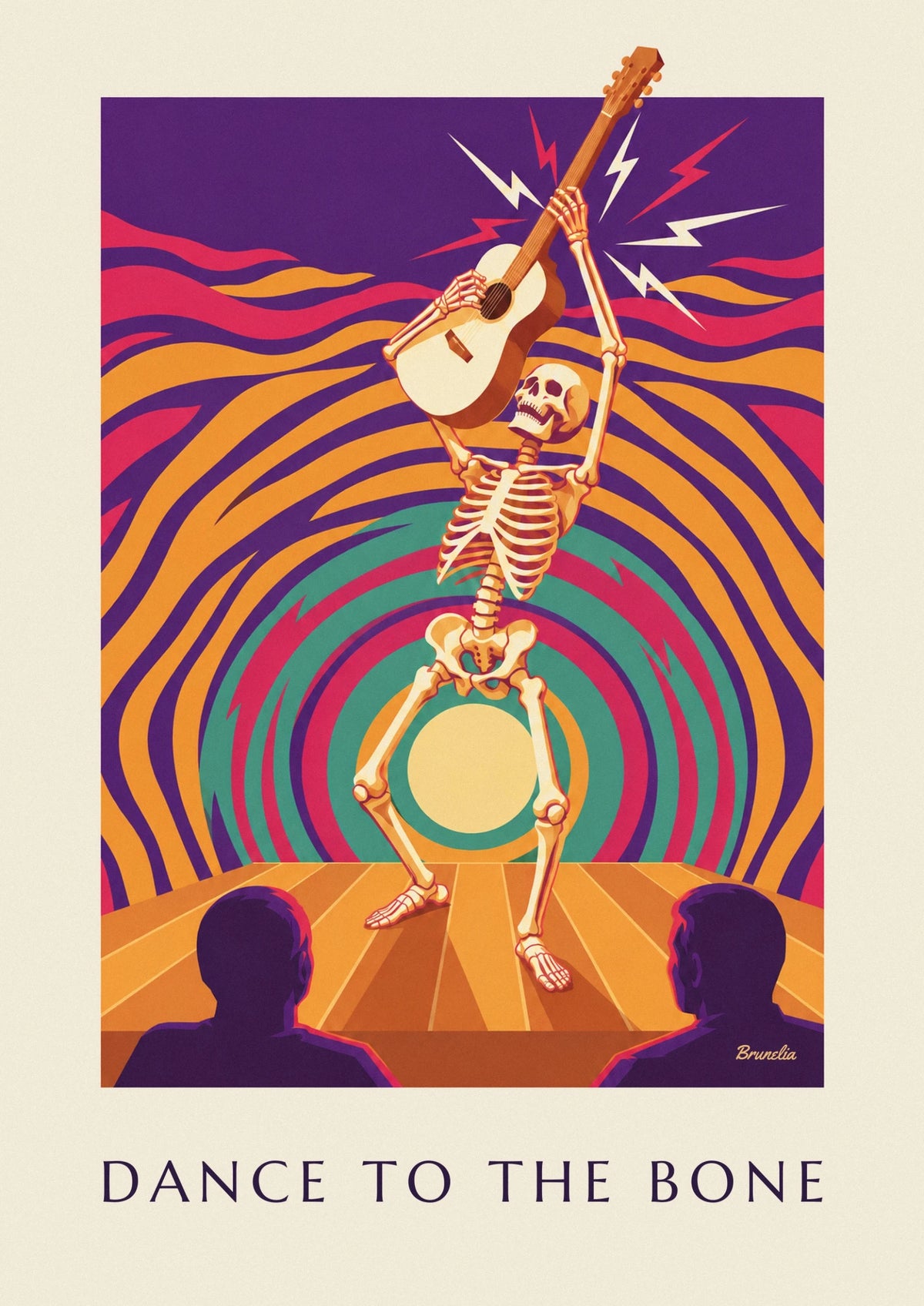 Affiche squelette dansant de soirée rock psychédélique