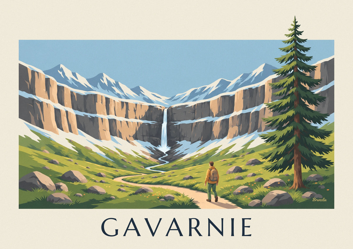Affiche randonneur face à la cascade du cirque de Gavarnie