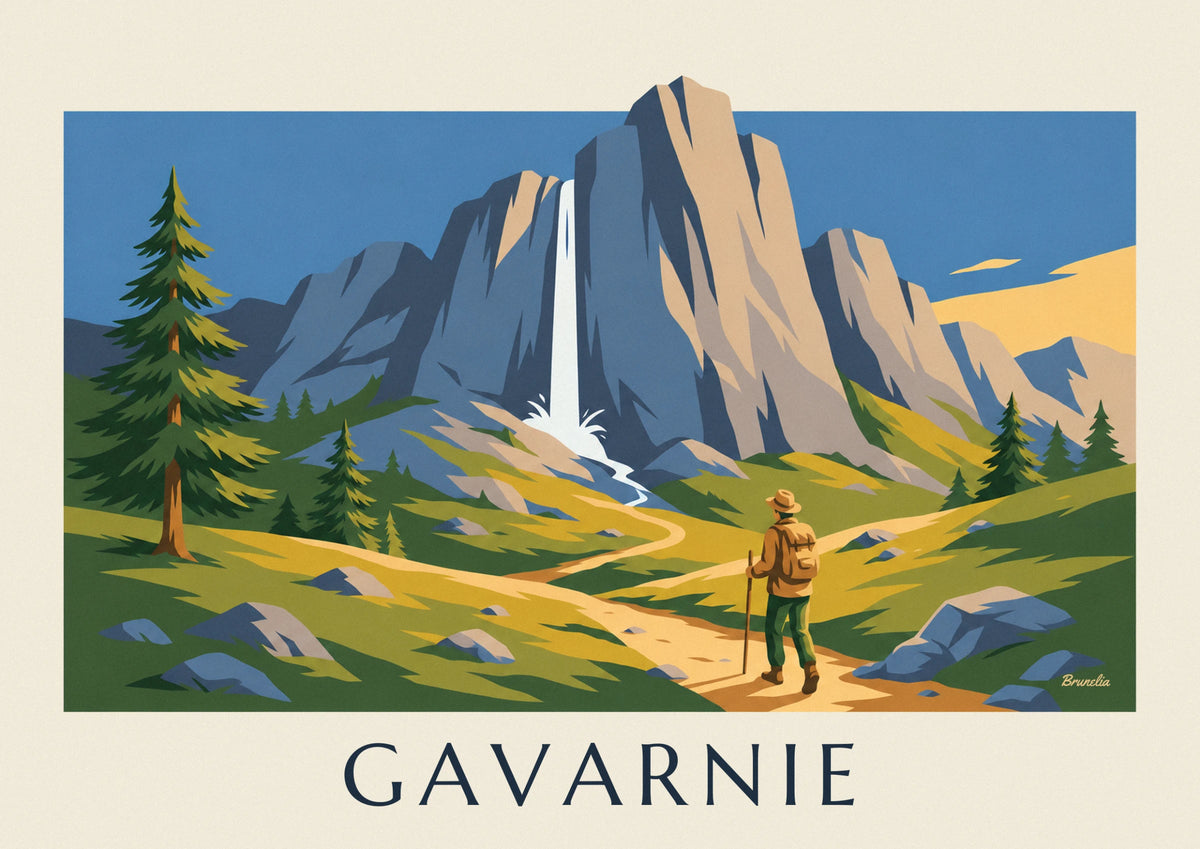 Affiche randonneur face à la cascade du cirque de Gavarnie