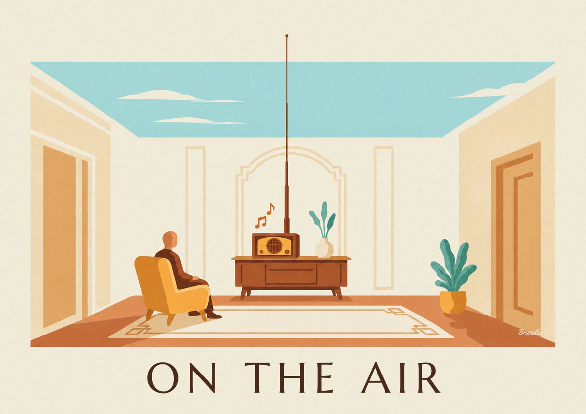 Affiche poste de radio en bois dans un salon chaleureux