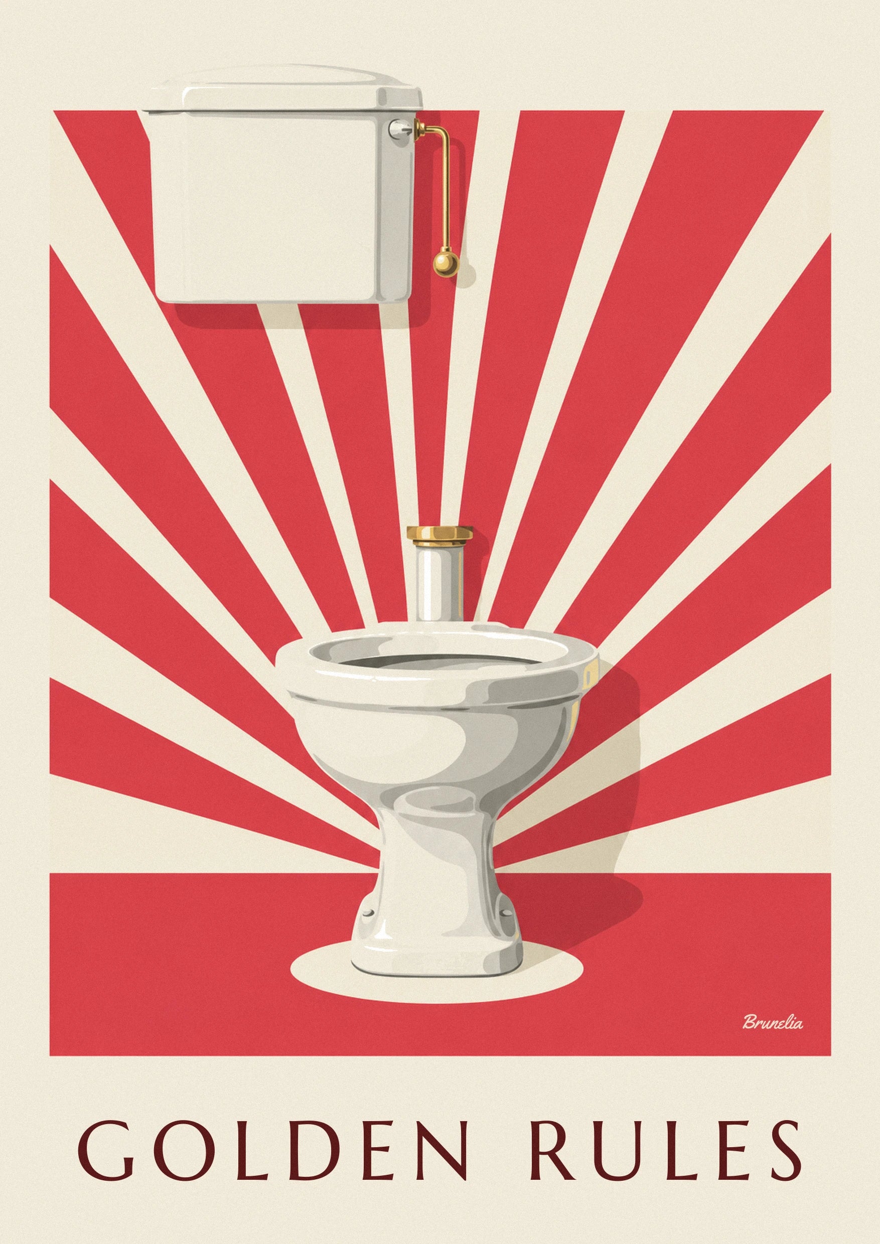 The white toilet bowl on its sculpted pedestal, surrounded by red and cream rays