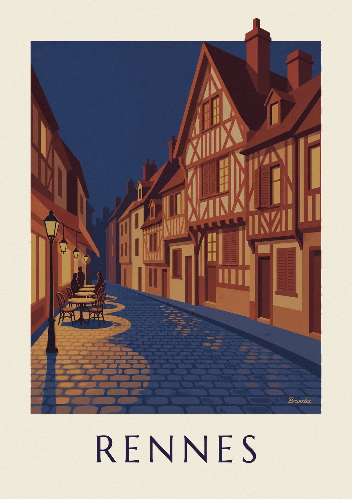 Affiche maisons à pans de bois du vieux Rennes un soir