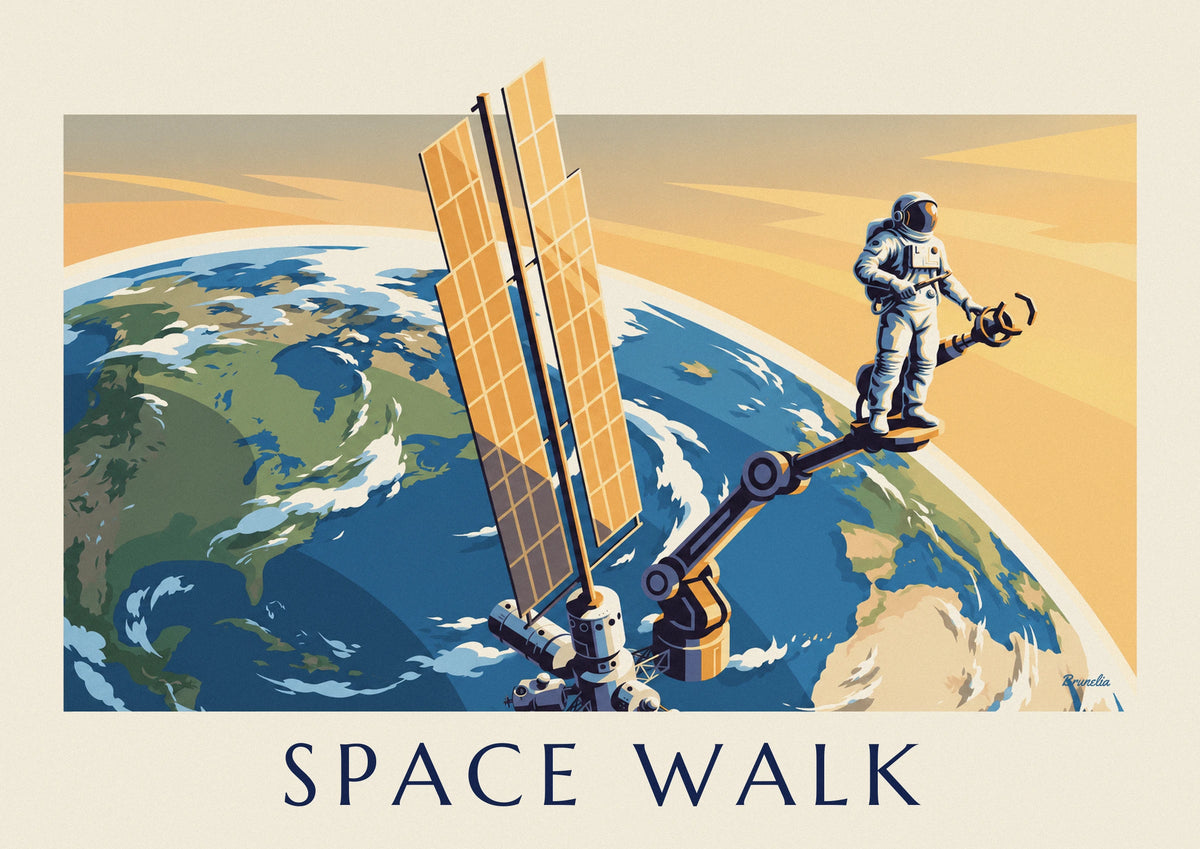 Affiche astronaute sur le bras robotique d'une station spatiale