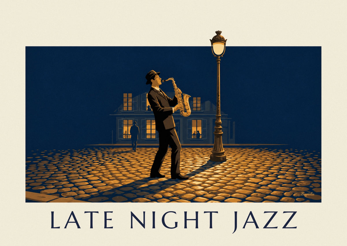 Affiche saxophoniste de jazz sous un réverbère la nuit