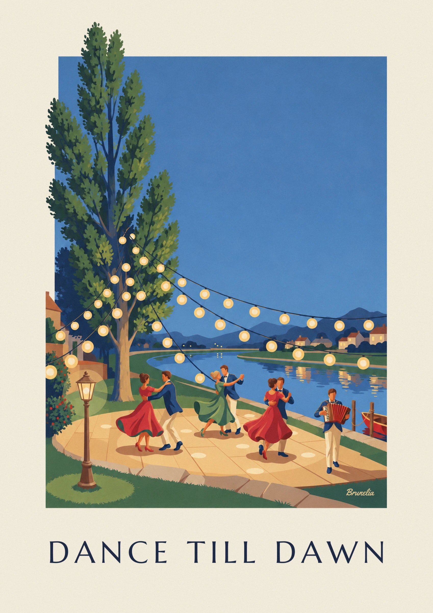 Les 4 couples en robes rouge et verte qui dansent sous les lampions, au bord de l'eau