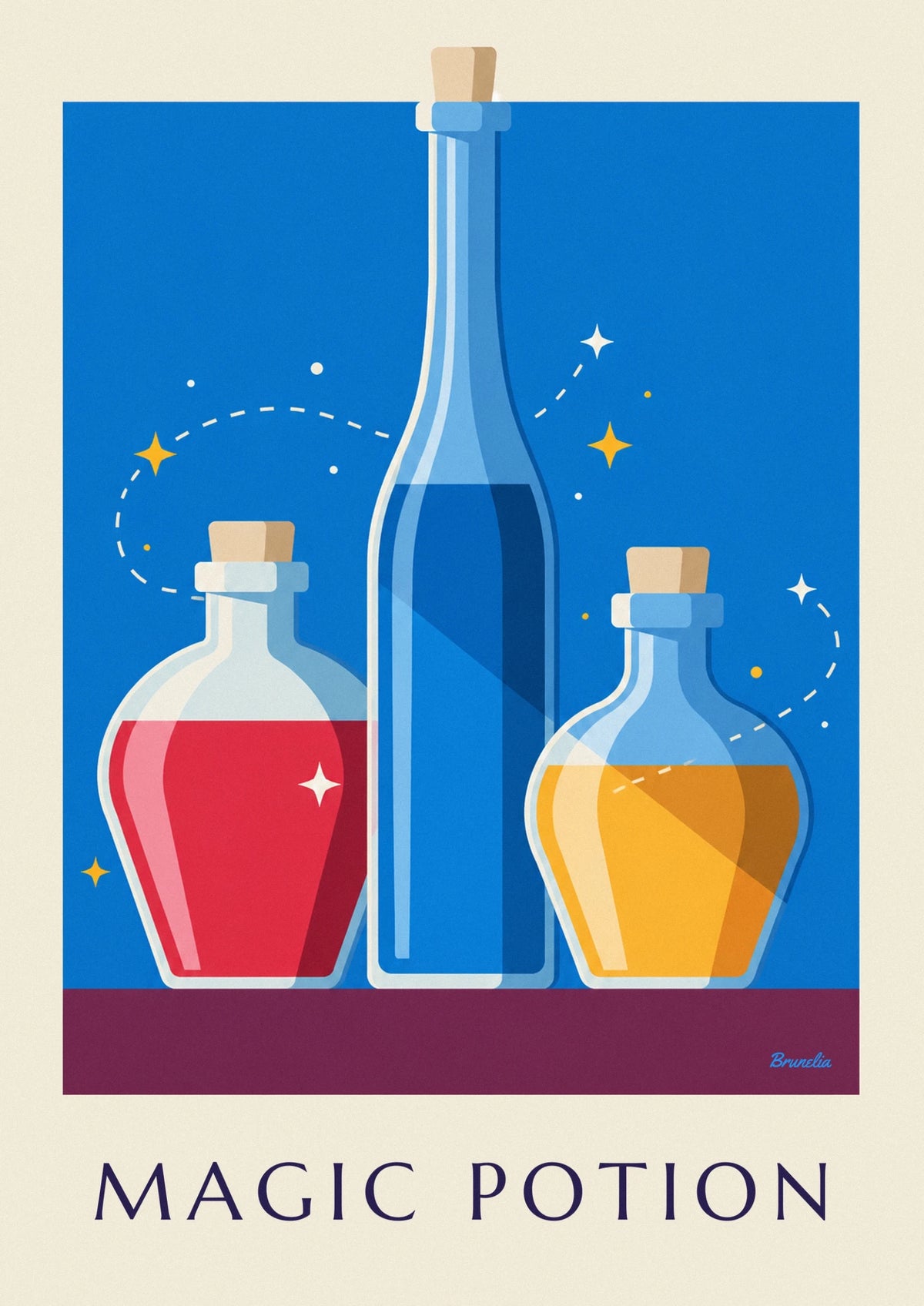Affiche potion magique en flacons de verre sur une étagère