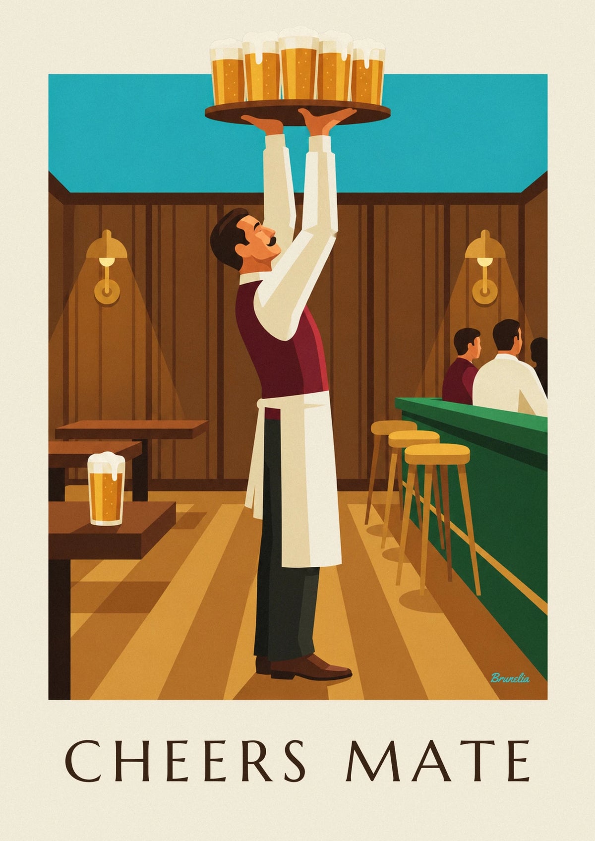 Affiche serveur de brasserie et plateau de chopes de bière