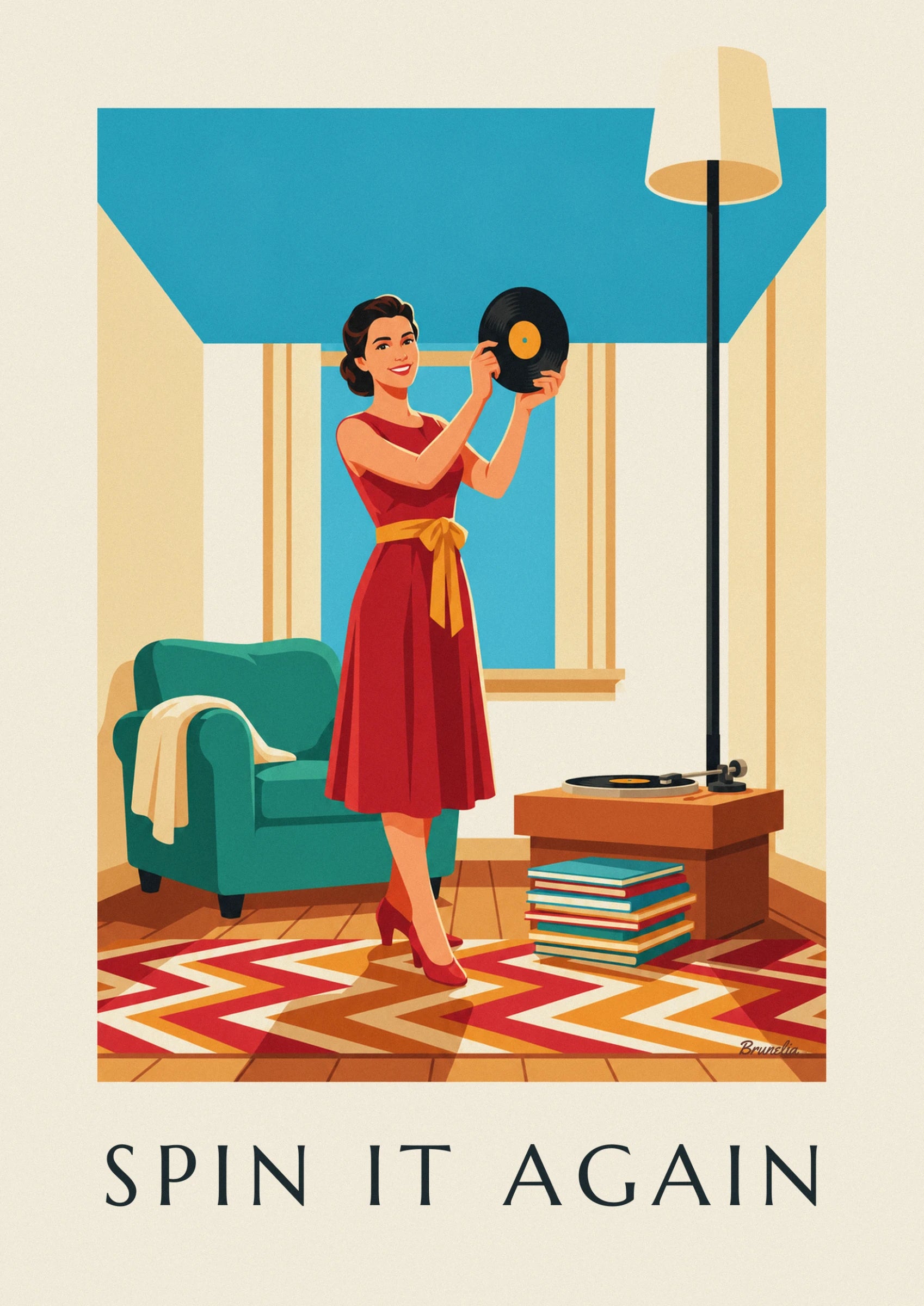 La femme souriante en robe rouge à ceinture jaune, qui brandit un disque vinyle