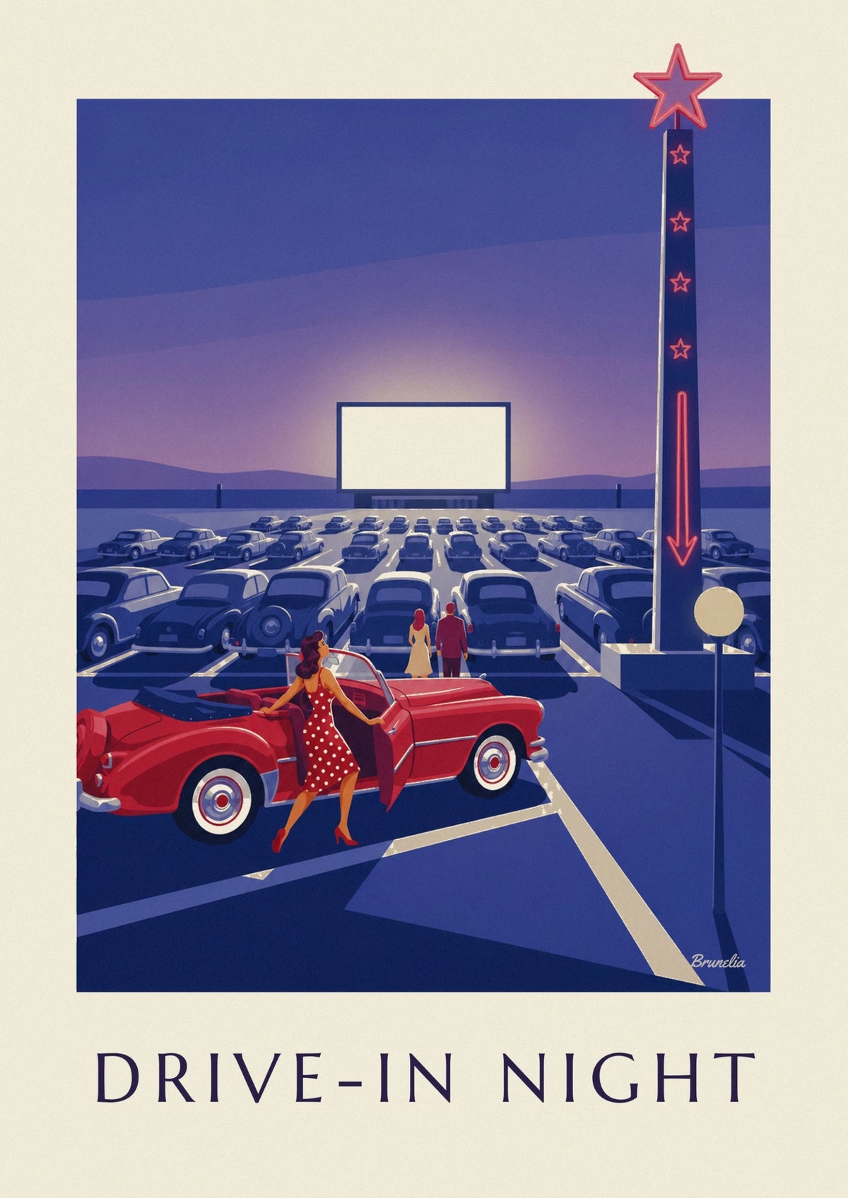 Affiche pin-up et cabriolet rouge au cinéma en plein air