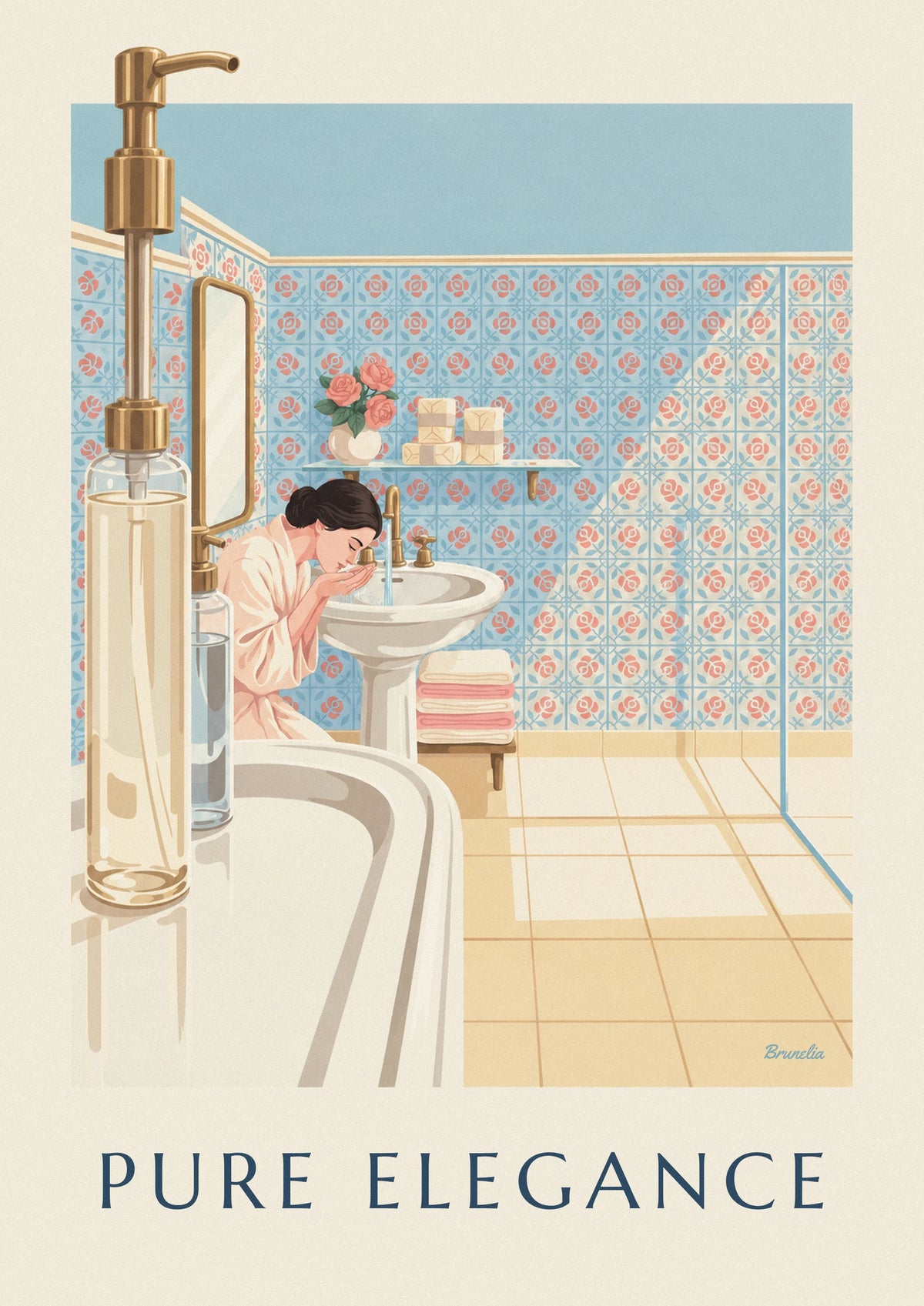 Affiche salle de bain ensoleillée, savons et lavabo en porcelaine